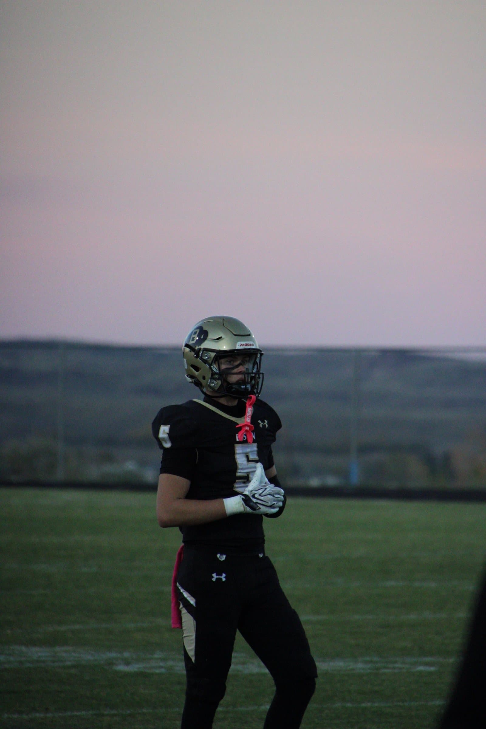 Football player in a gold helmet standing on the field under a pink evening sky